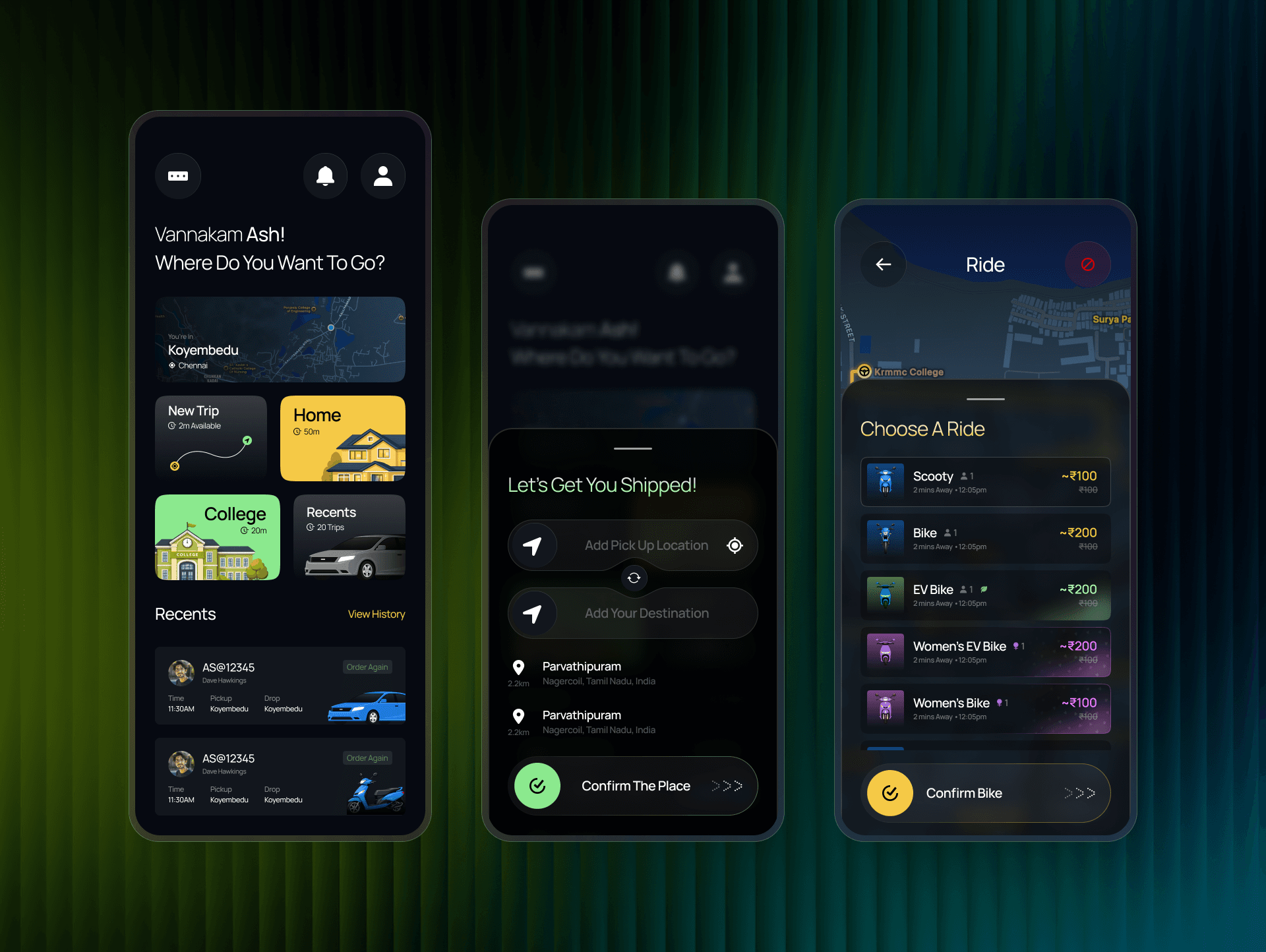 Home, New Ride & Vehicle Selection Screens