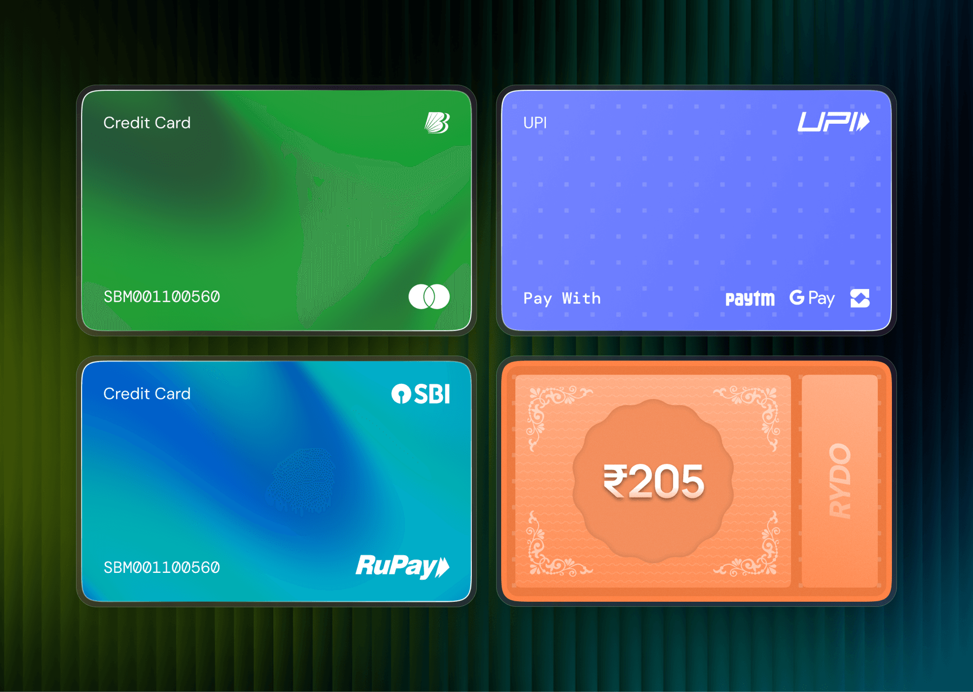 Payment Method Cards — UPI, Credit/Debit Card Variants & Cash on Arrival