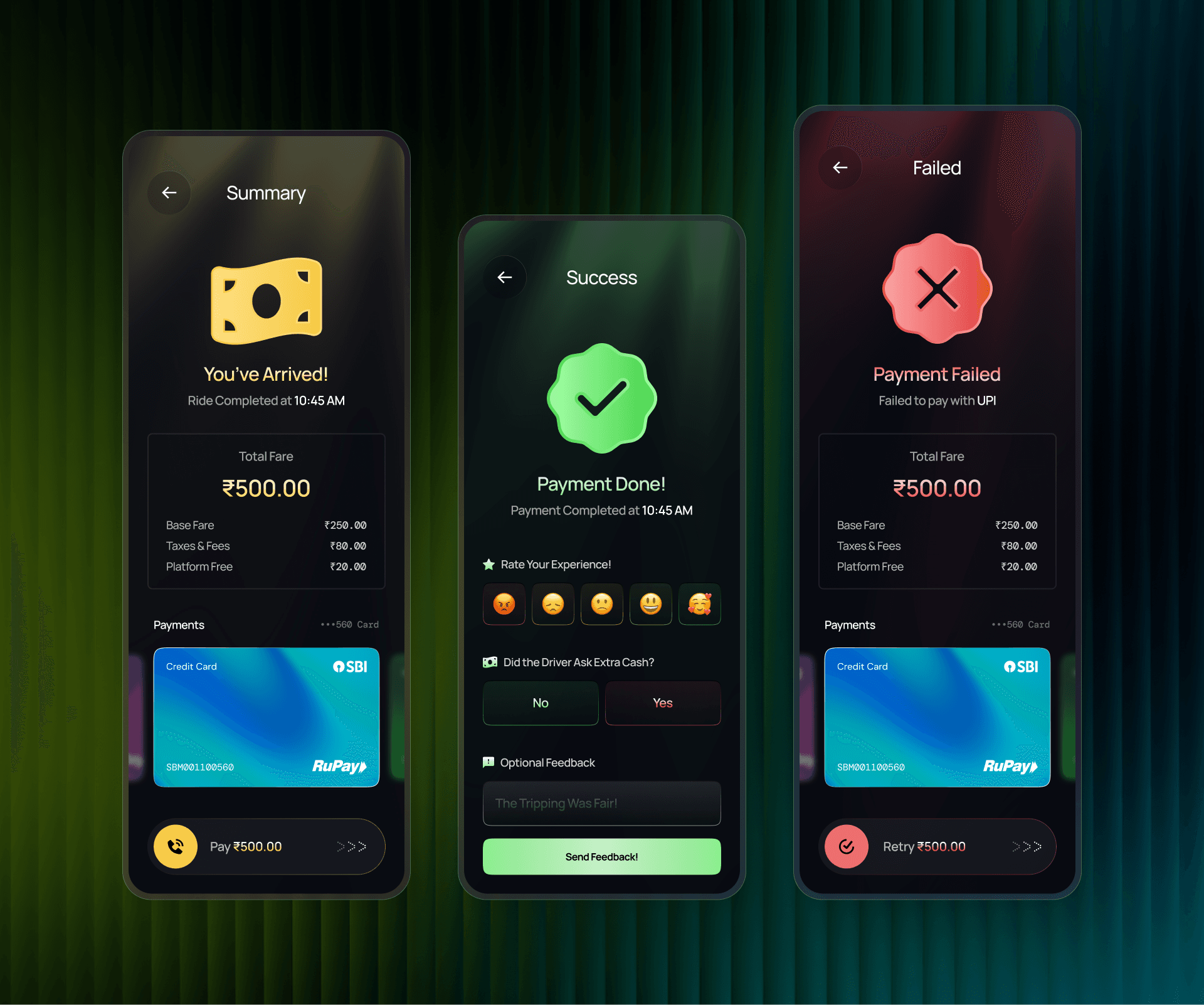 Trip Summary, Payment Success & Payment Failed Screens