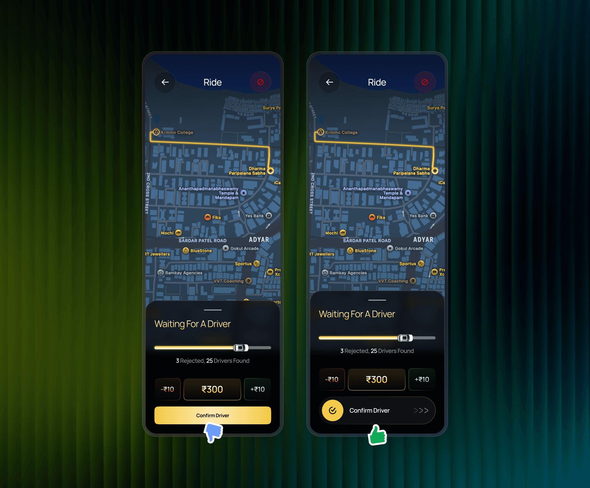 Before (static tap) vs. after (slide-to-confirm)