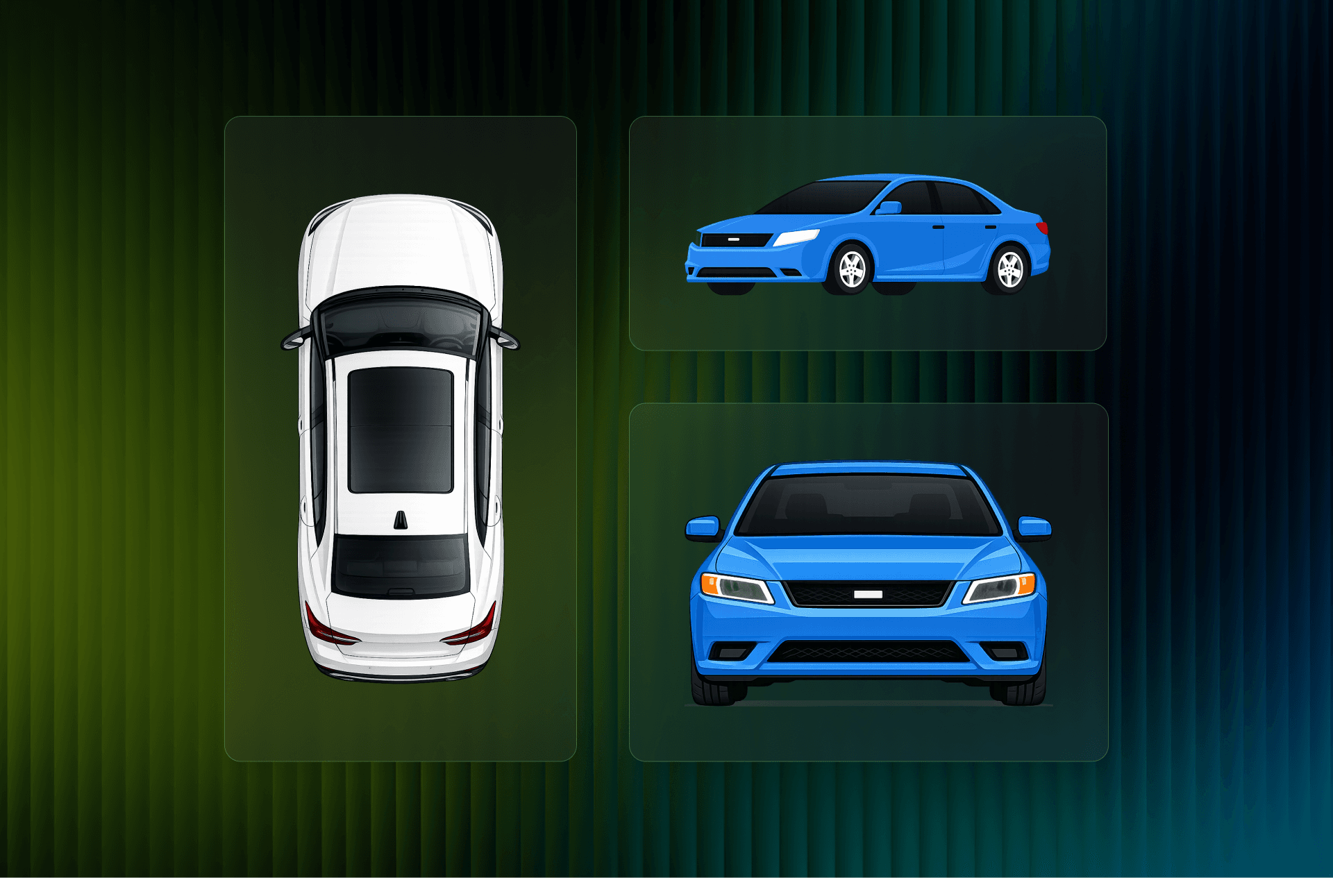 Top, side, and front view vehicle illustrations (Sedan)